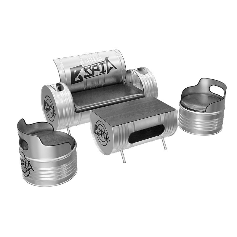 Contemporary Industrial Iron Pine Wood Leather Oil Drum Round Rectangular Coffee Table & Sofa Set For Dining Room