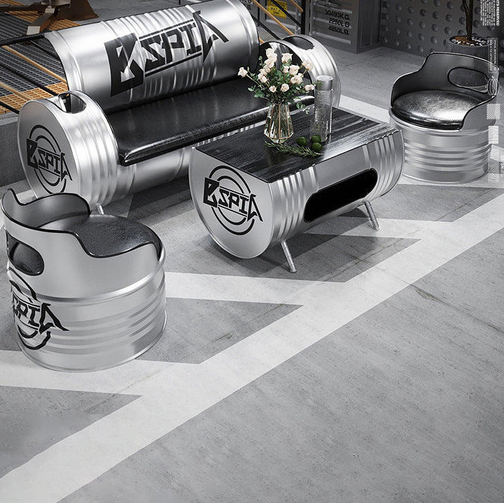 Contemporary Industrial Iron Pine Wood Leather Oil Drum Round Rectangular Coffee Table & Sofa Set For Dining Room