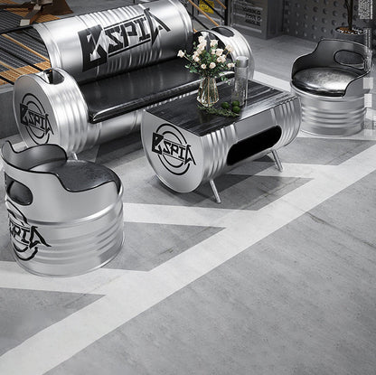 Contemporary Industrial Iron Pine Wood Leather Oil Drum Round Rectangular Coffee Table & Sofa Set For Dining Room