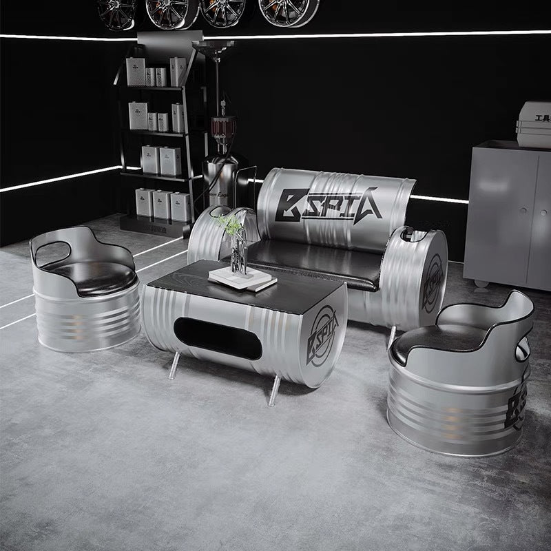 Contemporary Industrial Iron Pine Wood Leather Oil Drum Round Rectangular Coffee Table & Sofa Set For Dining Room