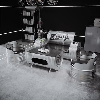 Contemporary Industrial Iron Pine Wood Leather Oil Drum Round Rectangular Coffee Table & Sofa Set For Dining Room