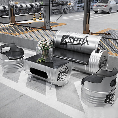 Contemporary Industrial Iron Pine Wood Leather Oil Drum Round Rectangular Coffee Table & Sofa Set For Dining Room