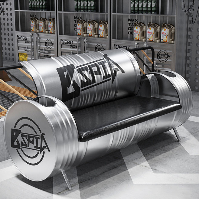 Contemporary Industrial Iron Pine Wood Leather Oil Drum Round Rectangular Coffee Table & Sofa Set For Dining Room