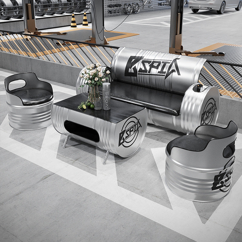 Contemporary Industrial Iron Pine Wood Leather Oil Drum Round Rectangular Coffee Table & Sofa Set For Dining Room