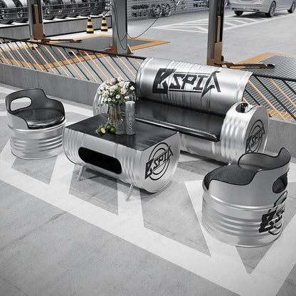 Contemporary Industrial Iron Pine Wood Leather Oil Drum Round Rectangular Coffee Table & Sofa Set For Dining Room