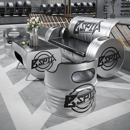 Contemporary Industrial Iron Pine Wood Leather Oil Drum Round Rectangular Coffee Table & Sofa Set For Dining Room