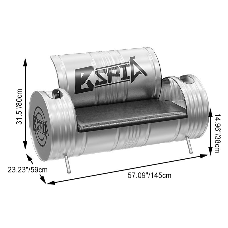 Contemporary Industrial Iron Pine Wood Leather Oil Drum Round Rectangular Coffee Table & Sofa Set For Dining Room