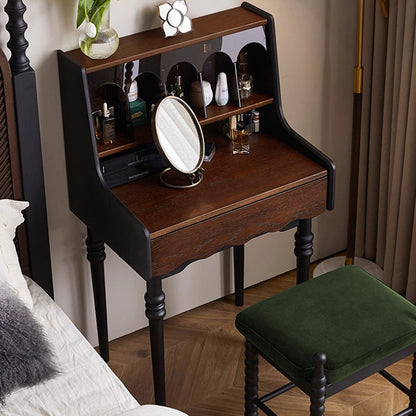 Contemporary Retro Solid Wood Rectangular Roman Column Arched Makeup Vanity & Stool Set For Bedroom