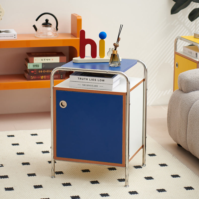 Contemporary Nordic Rectangular Wood Plate Stainless Steel Nightstand 1-Cabinet For Bedroom