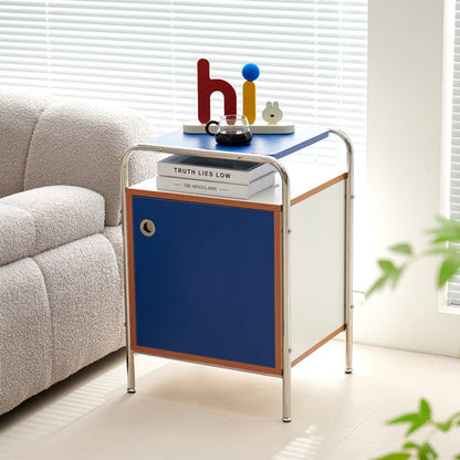 Contemporary Nordic Rectangular Wood Plate Stainless Steel Nightstand 1-Cabinet For Bedroom