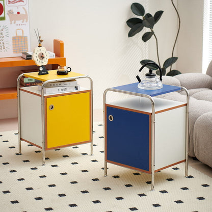 Contemporary Nordic Rectangular Wood Plate Stainless Steel Nightstand 1-Cabinet For Bedroom