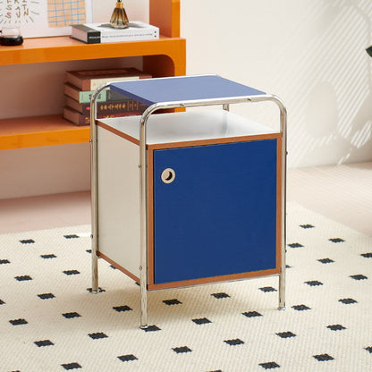 Contemporary Nordic Rectangular Wood Plate Stainless Steel Nightstand 1-Cabinet For Bedroom