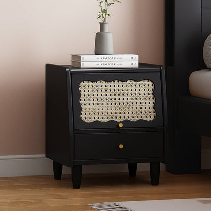 Traditional Vintage Trapezoidal Solid Wood Rattan Nightstand 1-Storage 1-Drawer For Bedroom