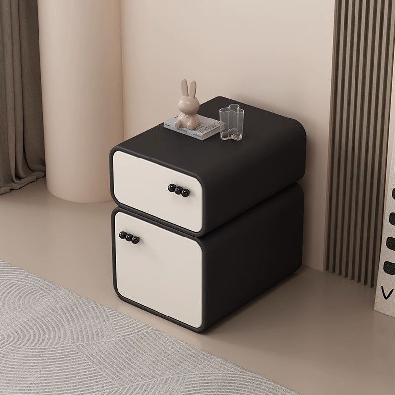 Contemporary Nordic Cream Rectangular Round Corner Microfiber Leather Rock Slab Nightstand 2-Drawer For Bedroom