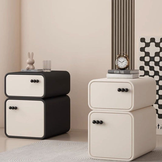 Contemporary Nordic Cream Rectangular Round Corner Microfiber Leather Rock Slab Nightstand 2-Drawer For Bedroom
