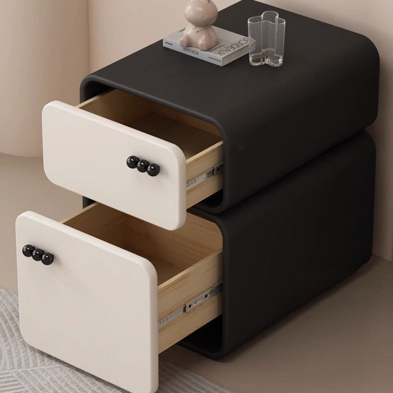 Contemporary Nordic Cream Rectangular Round Corner Microfiber Leather Rock Slab Nightstand 2-Drawer For Bedroom