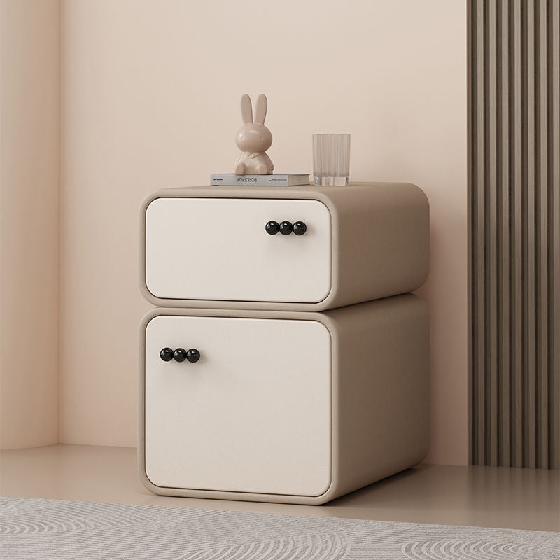 Contemporary Nordic Cream Rectangular Round Corner Microfiber Leather Rock Slab Nightstand 2-Drawer For Bedroom