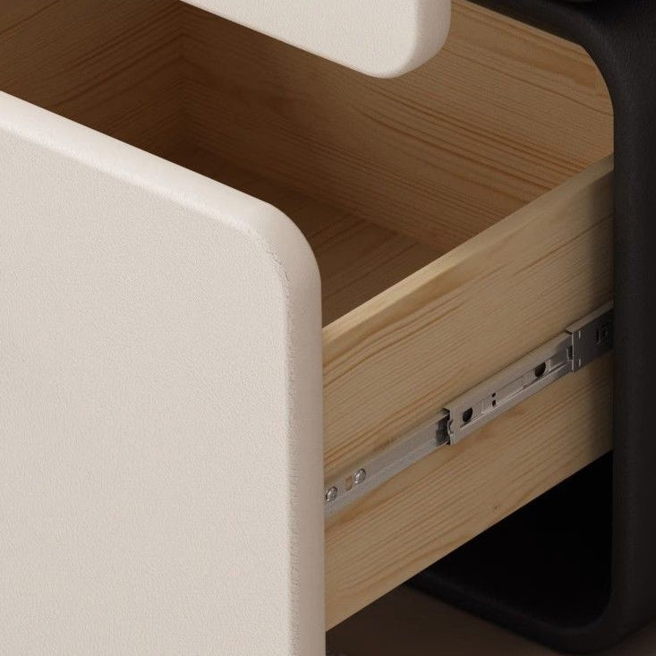 Contemporary Nordic Cream Rectangular Round Corner Microfiber Leather Rock Slab Nightstand 2-Drawer For Bedroom