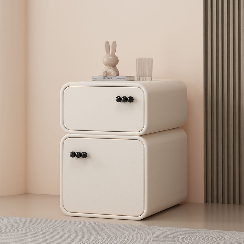 Contemporary Nordic Cream Rectangular Round Corner Microfiber Leather Rock Slab Nightstand 2-Drawer For Bedroom