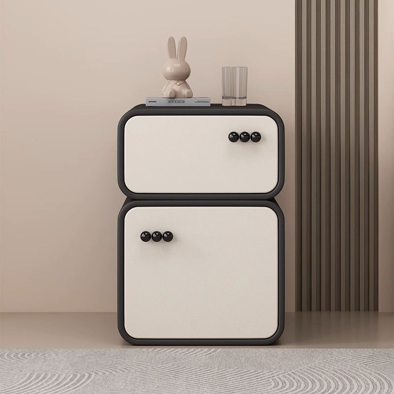 Contemporary Nordic Cream Rectangular Round Corner Microfiber Leather Rock Slab Nightstand 2-Drawer For Bedroom