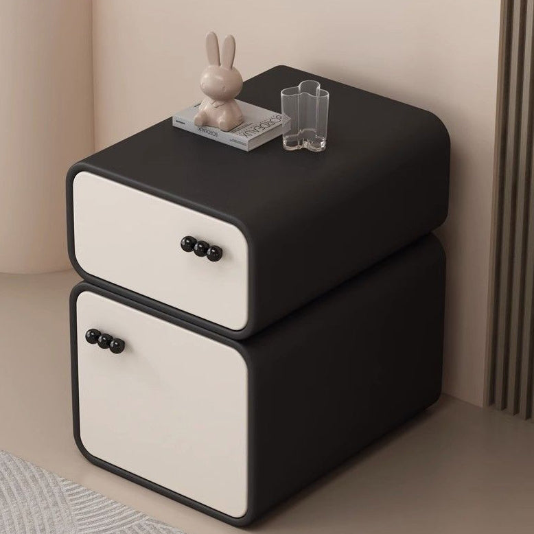 Contemporary Nordic Cream Rectangular Round Corner Microfiber Leather Rock Slab Nightstand 2-Drawer For Bedroom