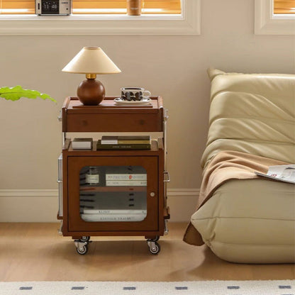 Modern Mid-Century Rectangular Robot Shape Pine Wood Glass Stainless Steel Nightstand 1-Cabinet For Bedroom