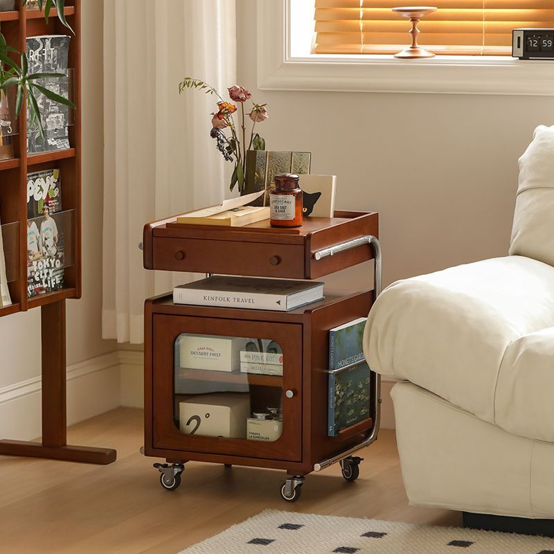 Modern Mid-Century Rectangular Robot Shape Pine Wood Glass Stainless Steel Nightstand 1-Cabinet For Bedroom