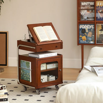 Modern Mid-Century Rectangular Robot Shape Pine Wood Glass Stainless Steel Nightstand 1-Cabinet For Bedroom