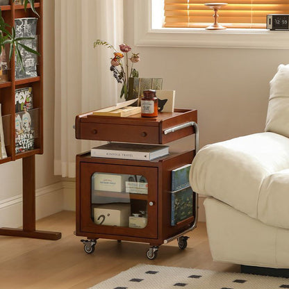 Modern Mid-Century Rectangular Robot Shape Pine Wood Glass Stainless Steel Nightstand 1-Cabinet For Bedroom