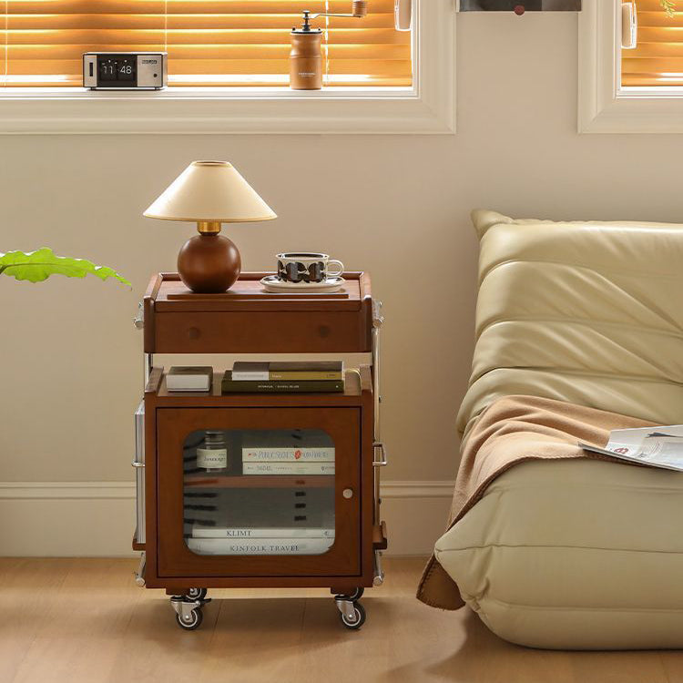 Modern Mid-Century Rectangular Robot Shape Pine Wood Glass Stainless Steel Nightstand 1-Cabinet For Bedroom