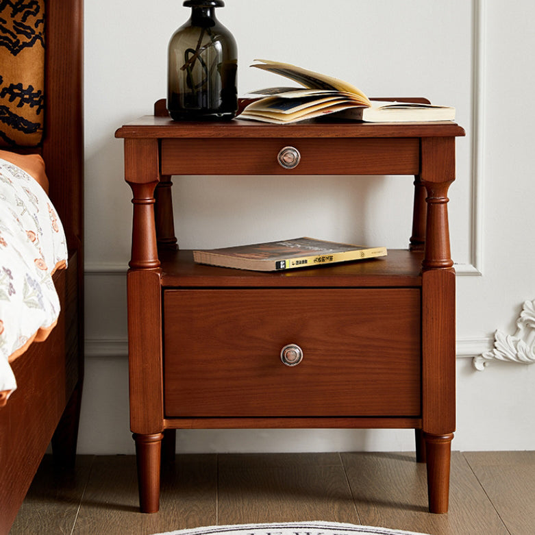 Traditional French Rectangular Ash Wood Nightstand 2-Drawer 2-Tier For Bedroom