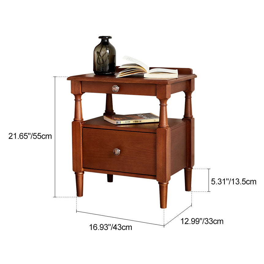 Traditional French Rectangular Ash Wood Nightstand 2-Drawer 2-Tier For Bedroom