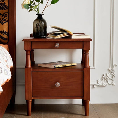 Traditional French Rectangular Ash Wood Nightstand 2-Drawer 2-Tier For Bedroom