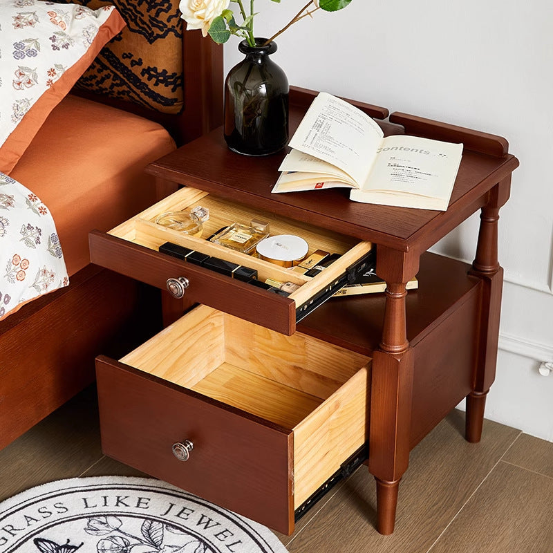 Traditional French Rectangular Ash Wood Nightstand 2-Drawer 2-Tier For Bedroom