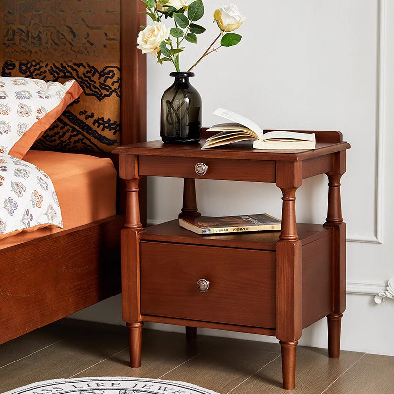 Traditional French Rectangular Ash Wood Nightstand 2-Drawer 2-Tier For Bedroom
