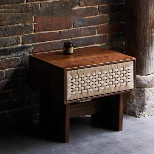 Traditional Vintage Rectangle Rubberwood Rattan Weaving Nightstand 1-Drawer For Bedroom