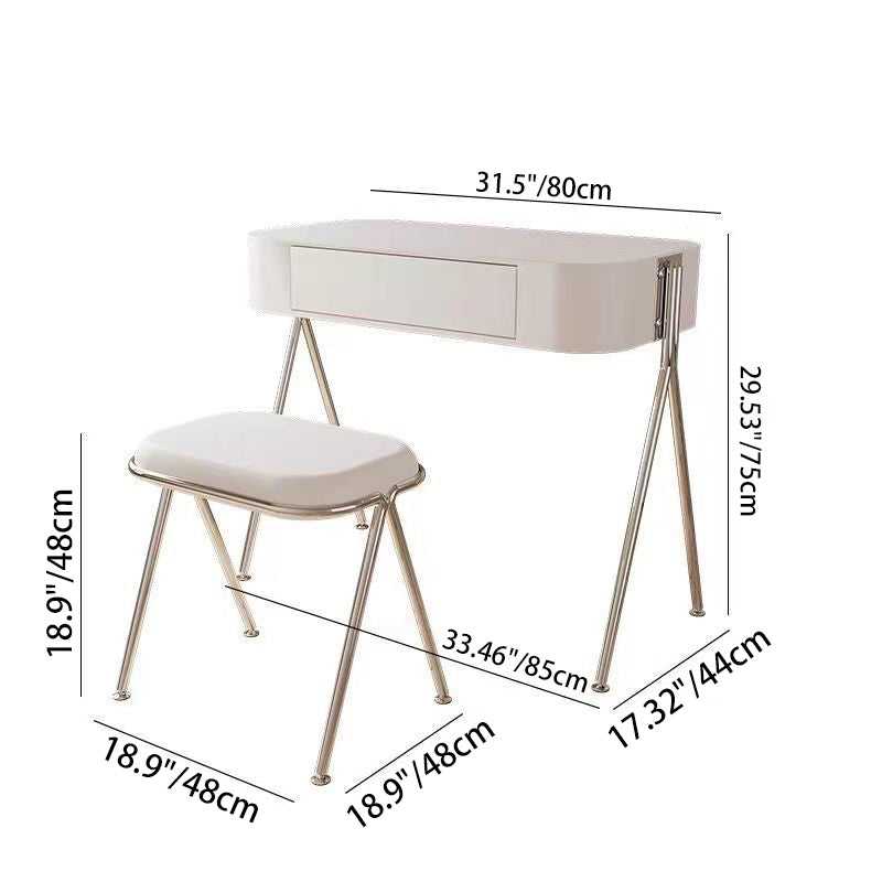 Modern Minimalist MDF Stainless Steel Rectangular Makeup Vanity & Stool Set 1-Drawer For Bedroom