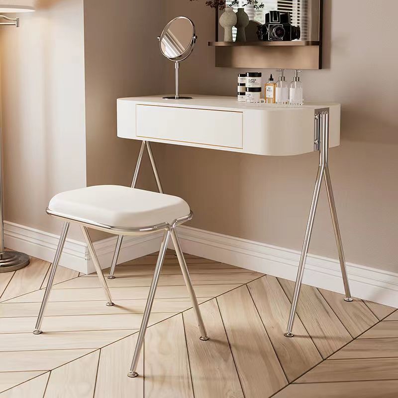 Modern Minimalist MDF Stainless Steel Rectangular Makeup Vanity & Stool Set 1-Drawer For Bedroom