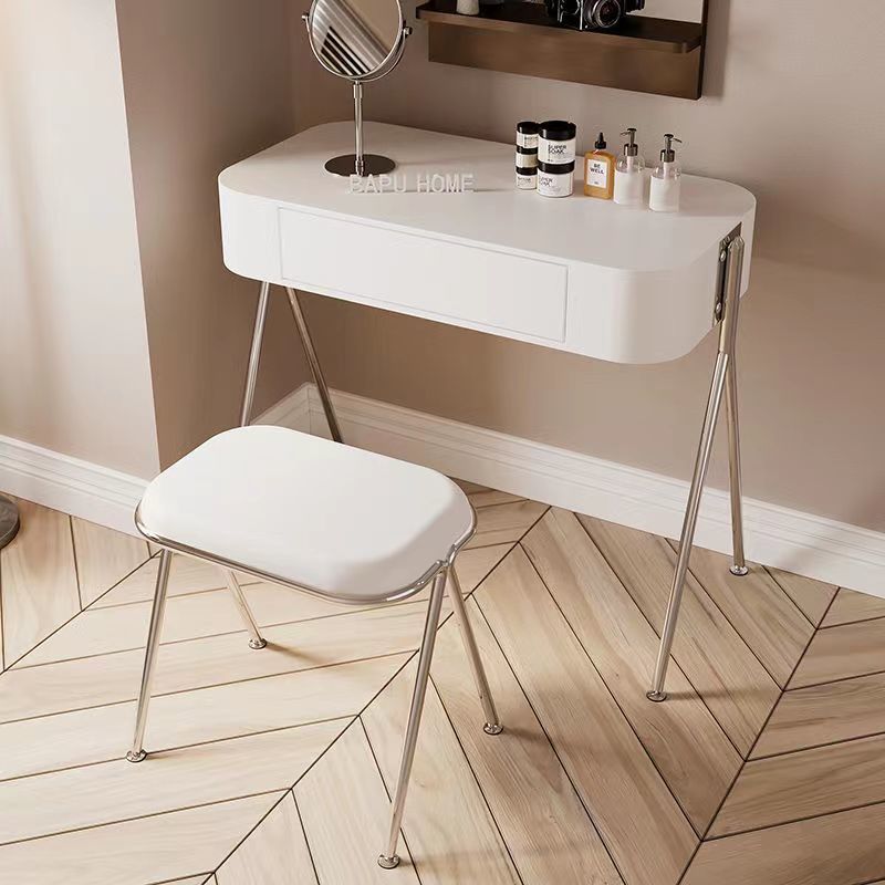Modern Minimalist MDF Stainless Steel Rectangular Makeup Vanity & Stool Set 1-Drawer For Bedroom