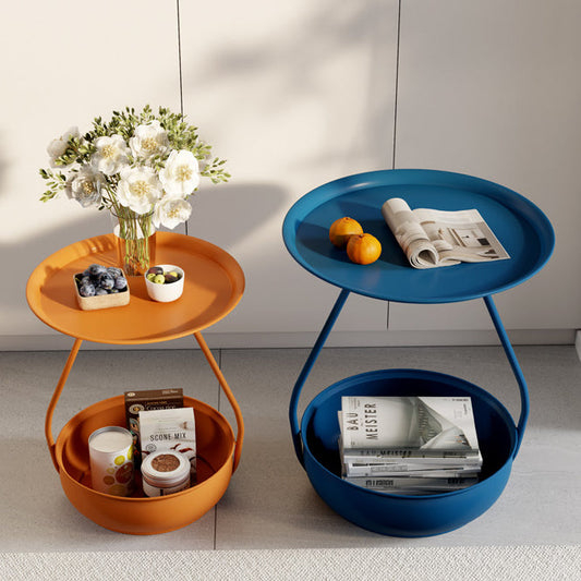 Contemporary Nordic Iron And Carbon Steel Round Side Table With 2-Tier Storage For Living Room And Bedroom