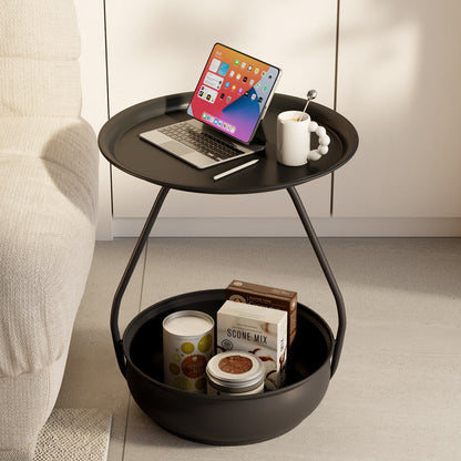 Contemporary Nordic Iron And Carbon Steel Round Side Table With 2-Tier Storage For Living Room And Bedroom