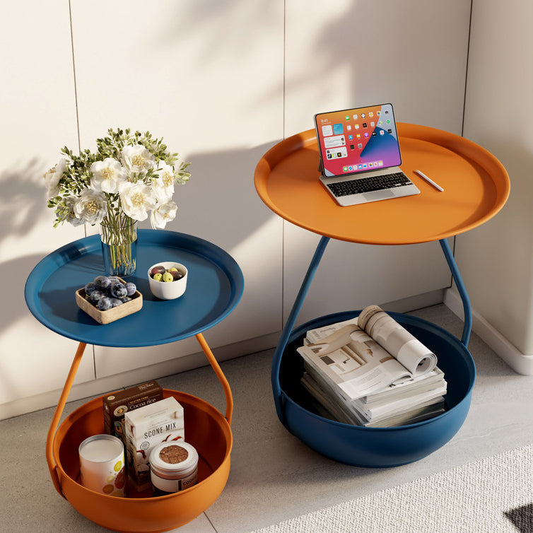 Contemporary Nordic Iron And Carbon Steel Round Side Table With 2-Tier Storage For Living Room And Bedroom