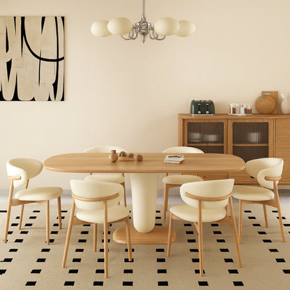 Traditional Japanese Elliptical Ash Wood Oaken Faux Leather Dining Table & Chair Set For 4/6 Seats