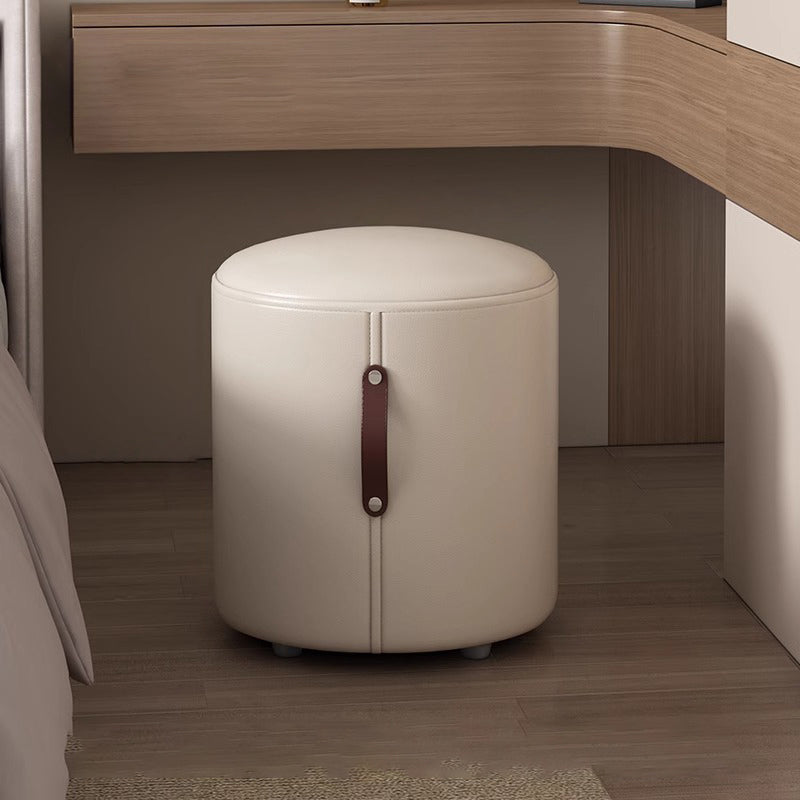 Contemporary Nordic Cylinder Portable Leather Solid Wood Vanity Stool Backless Armless For Bedroom