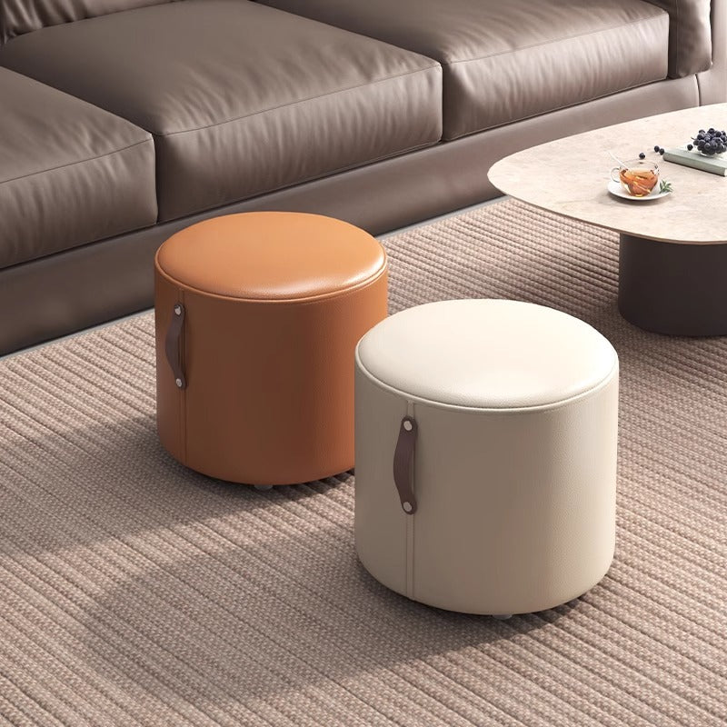 Contemporary Nordic Cylinder Portable Leather Solid Wood Vanity Stool Backless Armless For Bedroom