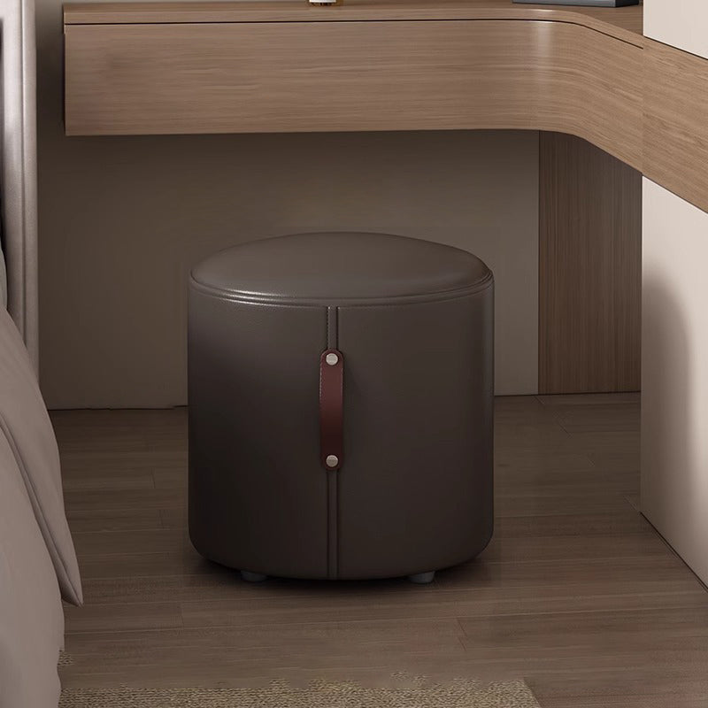 Contemporary Nordic Cylinder Portable Leather Solid Wood Vanity Stool Backless Armless For Bedroom