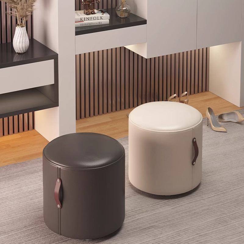 Contemporary Nordic Cylinder Portable Leather Solid Wood Vanity Stool Backless Armless For Bedroom