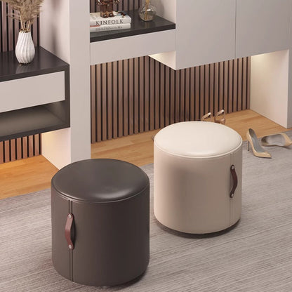 Contemporary Nordic Cylinder Portable Leather Solid Wood Vanity Stool Backless Armless For Bedroom