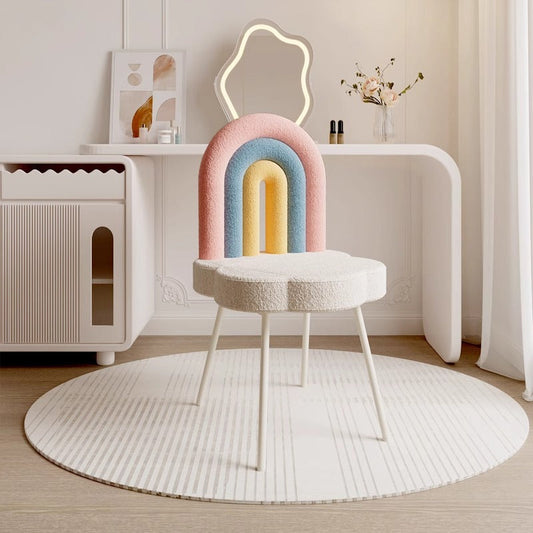 Contemporary Creative Rainbow Lambswool Iron Vanity Stool Backrest Armless For Bedroom