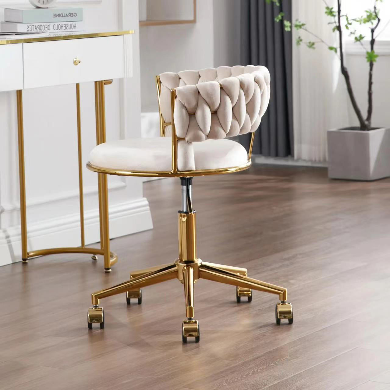Contemporary Nordic Coil Velvet Iron Hardware Vanity Stool Backrest Armless For Bedroom